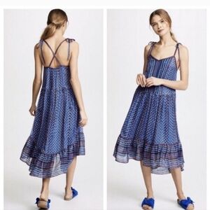 Ulla Johnson Sz 2 Silk Midi Dress Blue Print Shift Strappy Tie Sleeve Talin